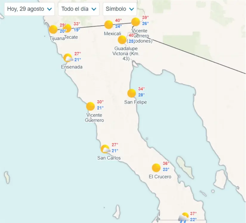Clima en Baja California hoy viernes 29 de agosto Temperaturas estimadas en Baja California para hoy. Imagen: Meteored