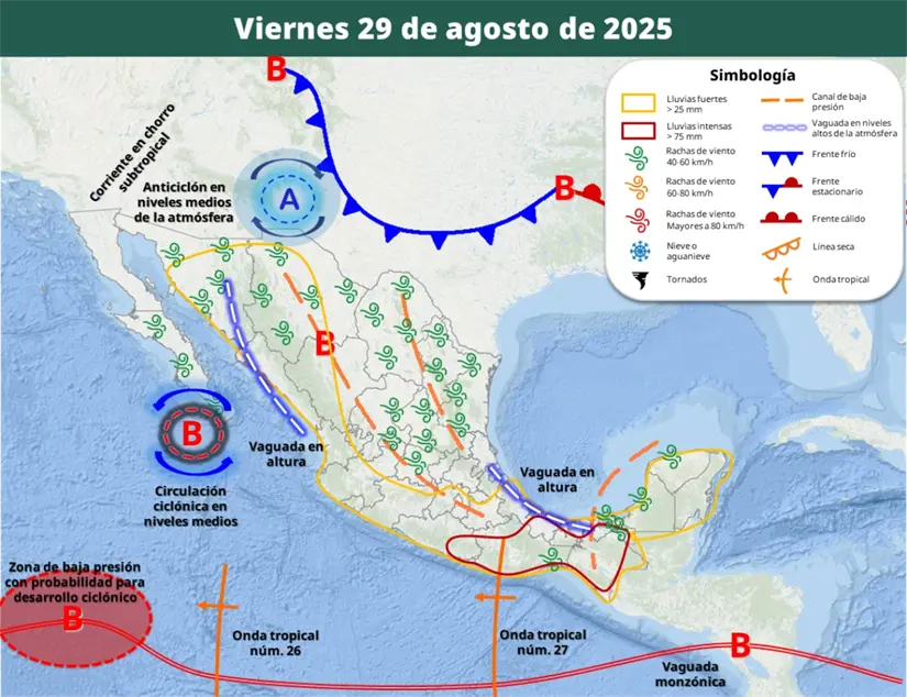 Pronóstico de lluvias y vientos para el viernes 29 de agosto. Imagen: Conagua