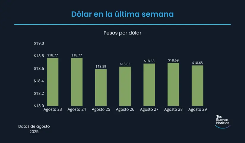 Precio del dólar hoy 29 de agosto de 2025 Precio del dólar en la última semana de acuerdo al DOF. Foto: TBN