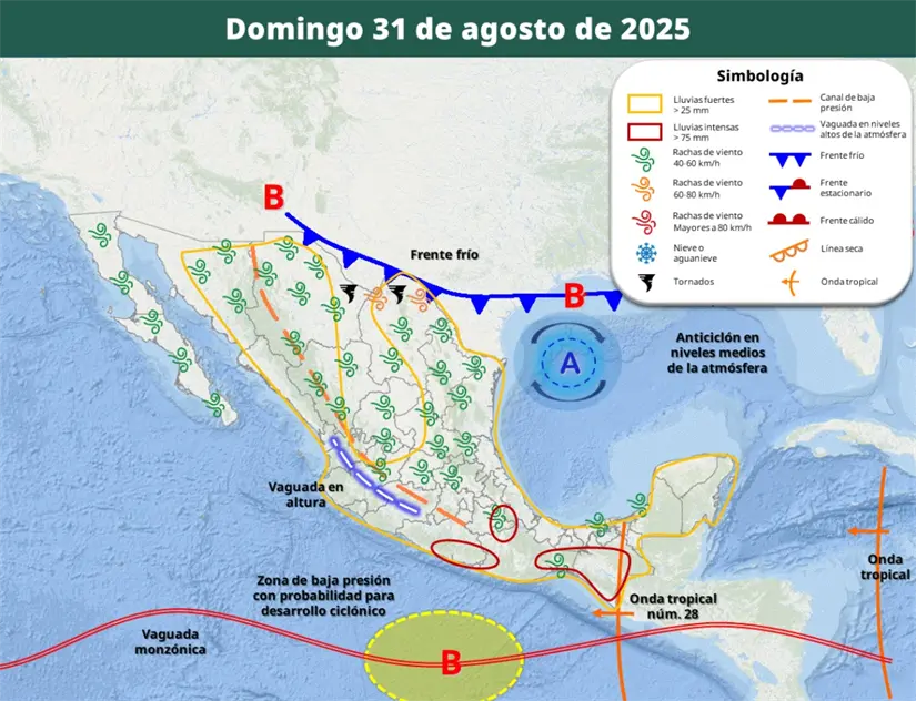 ¿En qué estados lloverá este fin de semana? Clima en México el 30 y 31 de agosto Vientos y lluvias para el domingo 31 de agosto. Imagen: Conagua