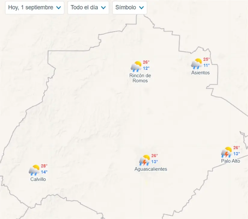 Clima en Aguascalientes hoy lunes 1 de septiembre Condiciones de lluvia en gran parte de Aguascalientes este lunes. Imagen: Meteored