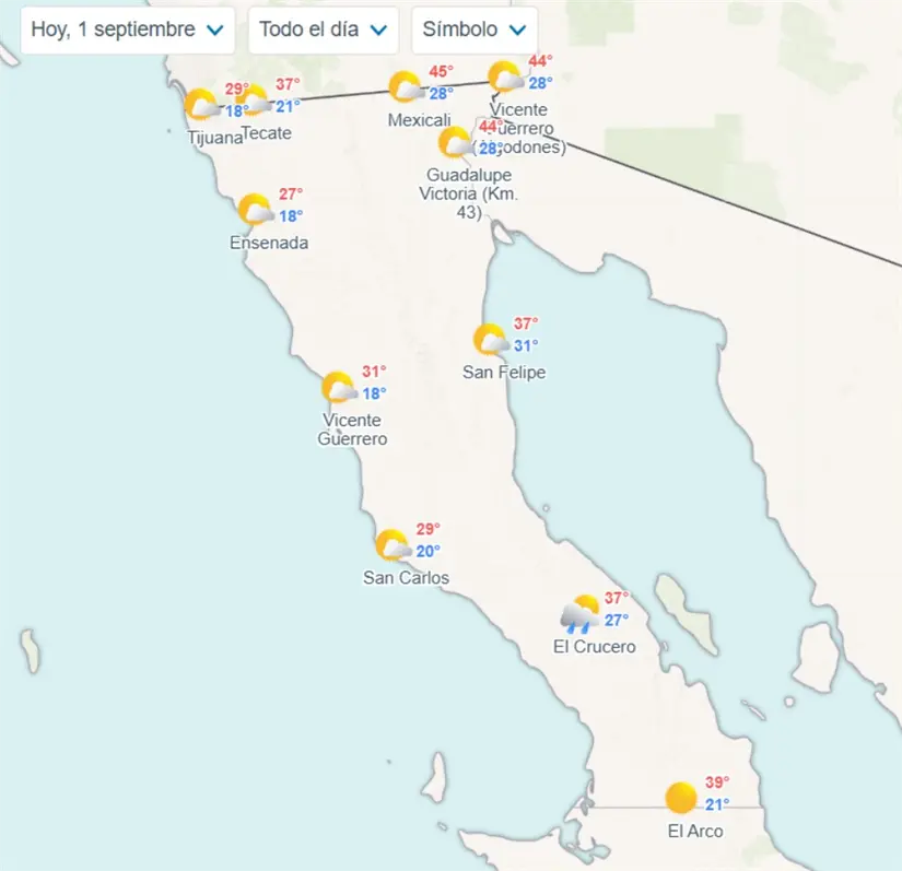 Clima en Baja California hoy lunes 1 de septiembre Temperaturas por municipios en Baja California. Imagen: Meteored