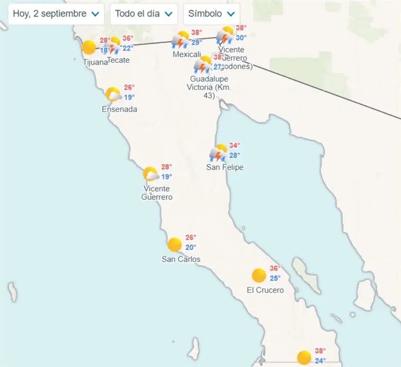 Temperaturas estimadas en Baja California hoy. Imagen Meteored