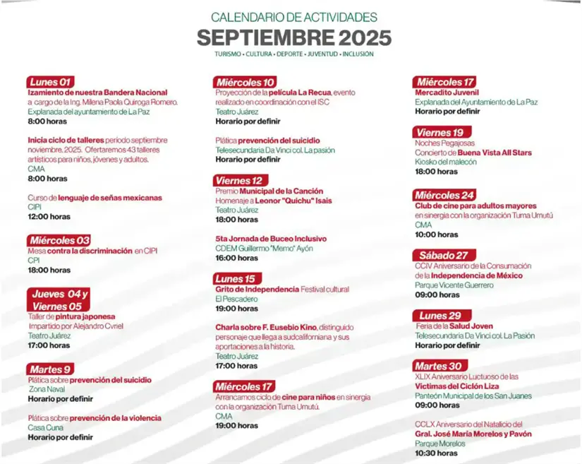 Actividades para el mes patrio 2025 en La Paz. Foto: cortesía Actividades para el mes patrio 2025 en La Paz. Foto: cortesía.