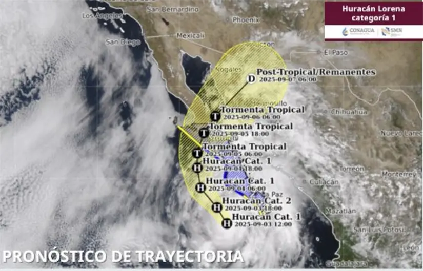 ¿Cómo afectará el huracán Lorena a Baja California? El huracán Lorena seguirá avanzando hacia el noroeste. Imagen: Conagua