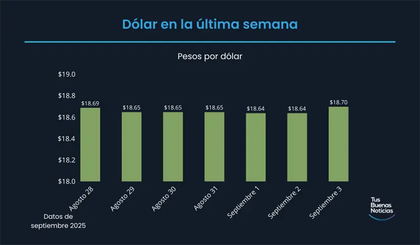 Precio del dólar hoy 3 de septiembre de 2025 Precio del dólar en la última semana de acuerdo al DOF. Foto: TBN