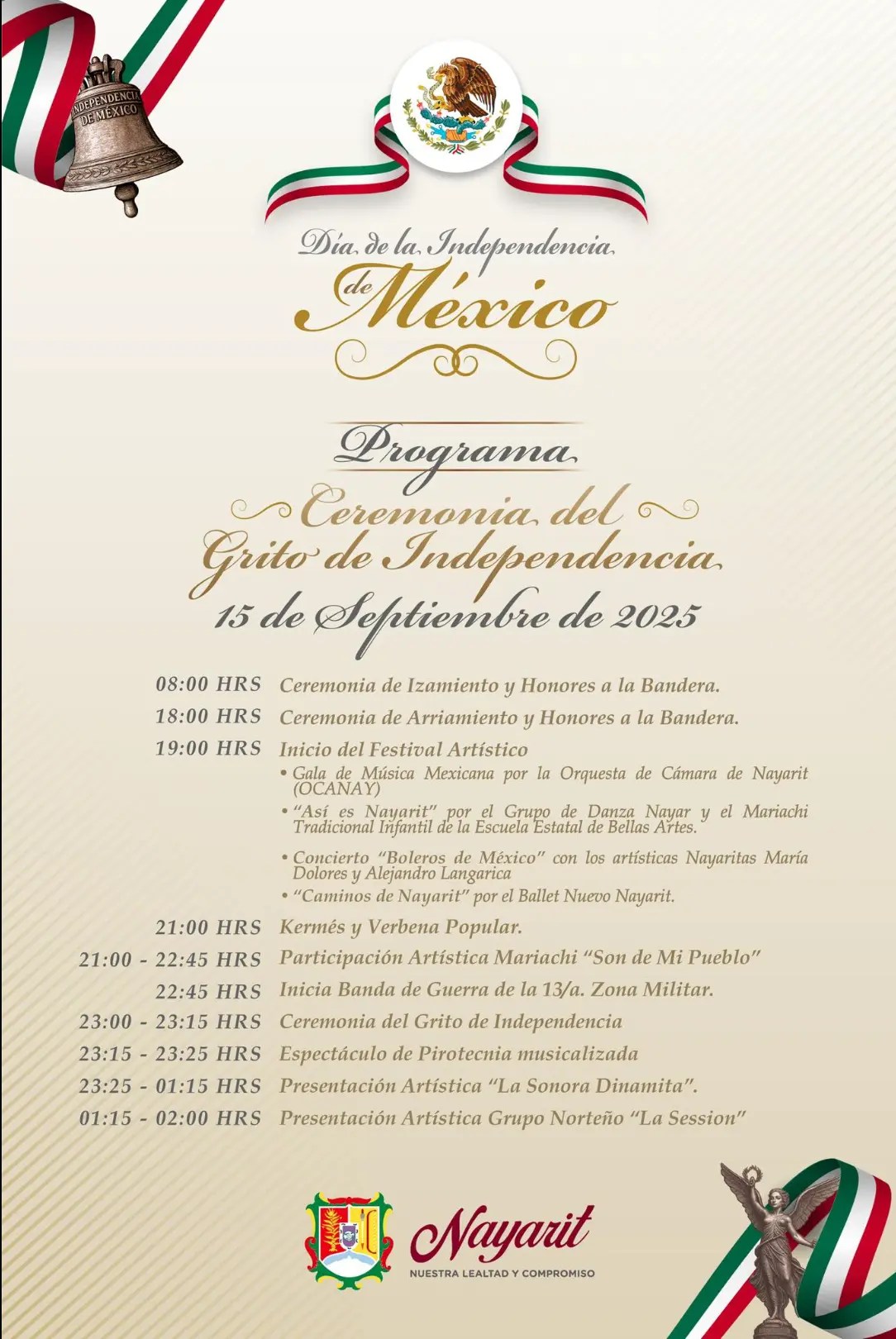 Programa para el 15 de septiembre 2025 en Nayarit. Foto: cortesía Programa para el 15 de septiembre 2025 en Nayarit. Foto: cortesía.