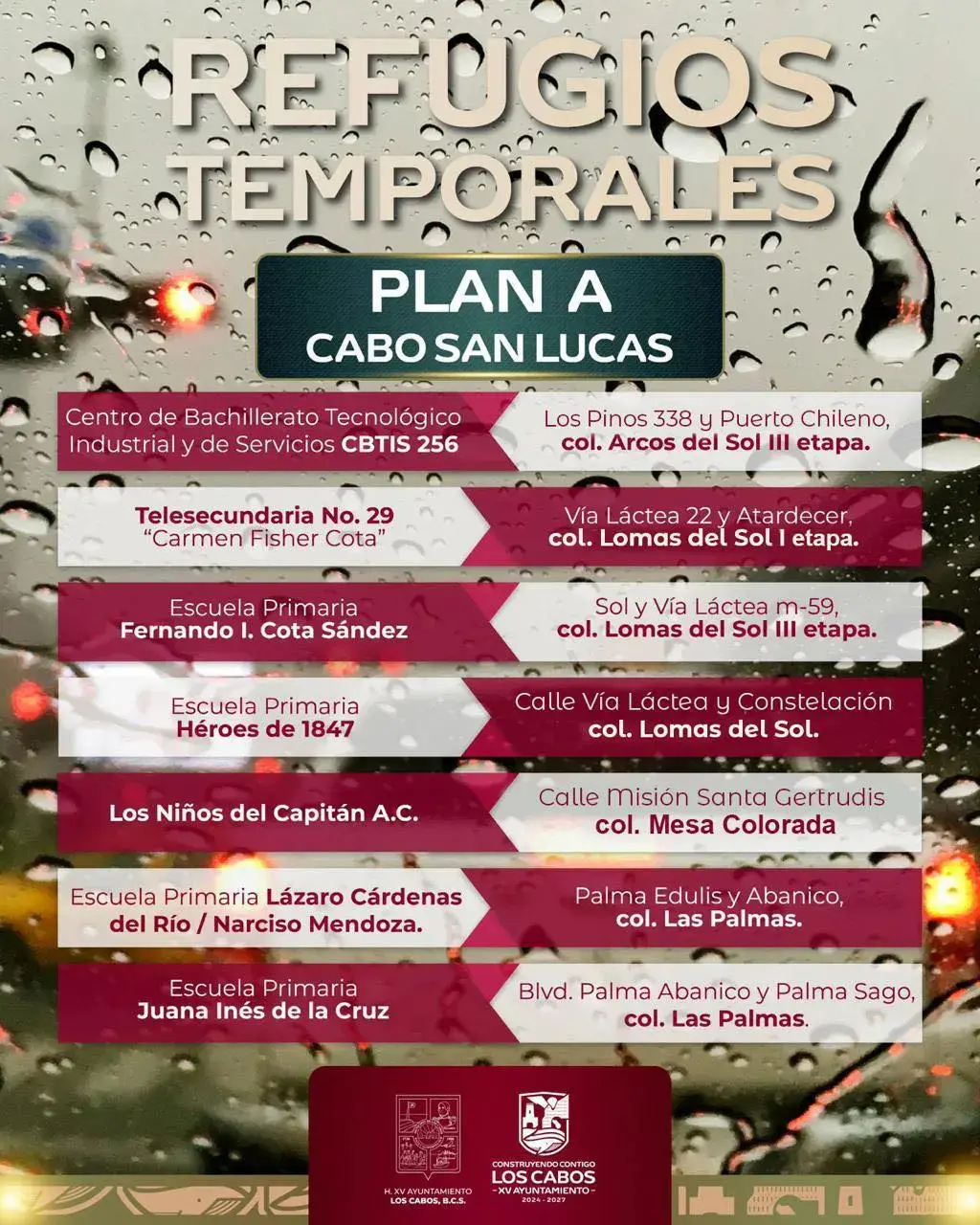Refugios Temporales Plan A Cabo San Lucas. Foto: Gobierno de BCS. Refugios Temporales Plan A Cabo San Lucas. Foto: Gobierno de BCS.