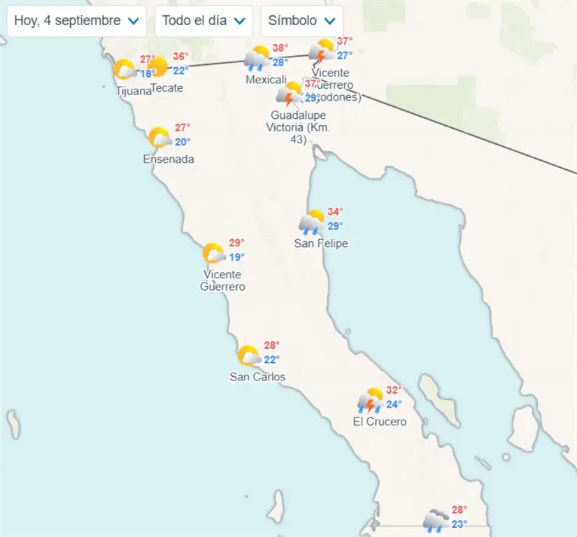 Clima en Baja California hoy jueves 4 de septiembre de septiembre 2025 Temperaturas mínimas y máximas en Baja California hoy. Imagen: Meteored