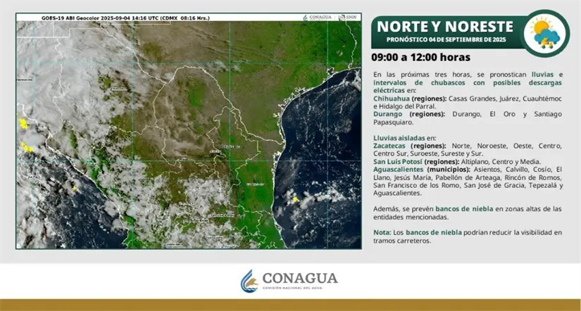 Clima en Aguascalientes hoy jueves 4 de septiembre de 2025 Se mantienen las condiciones para lluvias fuertes en Aguascalientes y el resto de la Mesa del Norte. Imagen: Conagua