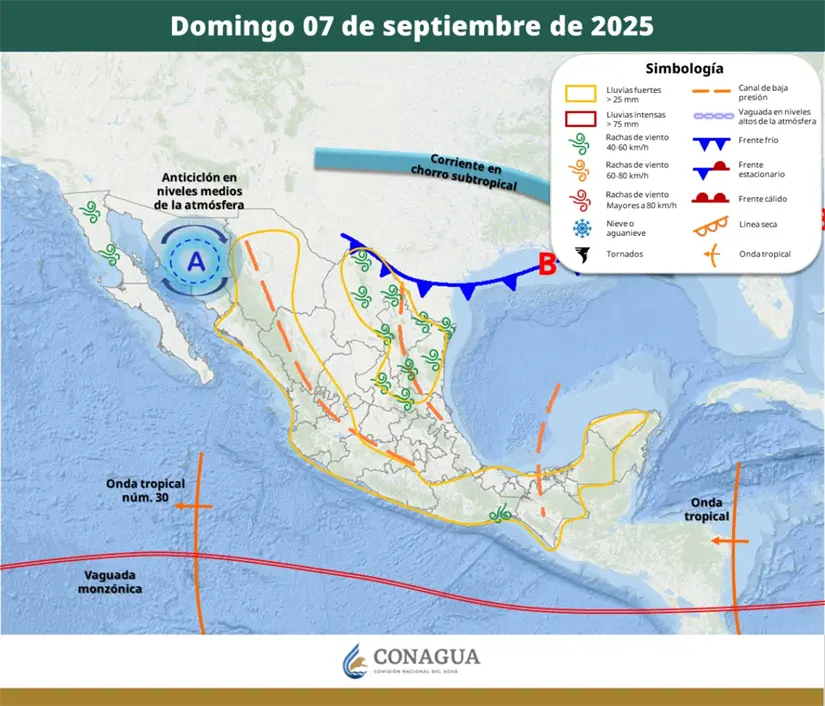 ¿En qué estados habrá lluvias del 5 al 7 de septiembre? La onda tropical 31 propiciará lluvias en el sureste del país durante el domingo. Imagen: Conagua