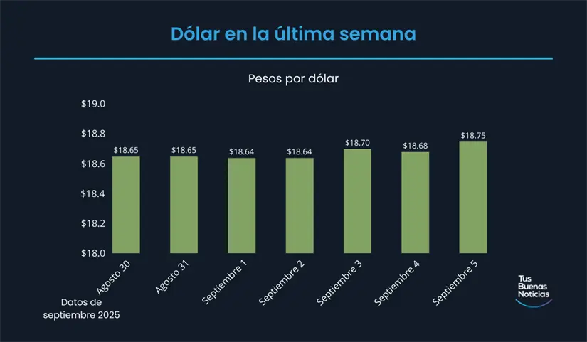 Precio del dólar hoy 5 de septiembre de 2025 Precio del dólar en la última semana de acuerdo al DOF. Foto: TBN