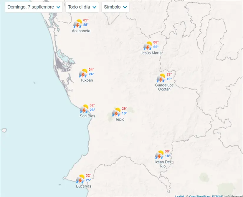 Pronóstico del clima para el domingo 7 de septiembre en Nayarit Posibles climas para el domingo 7 de septiembre. Foto: Meteored