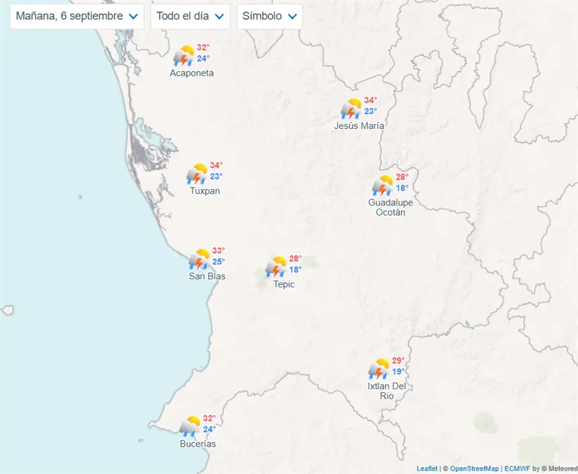 Pronóstico del clima para el sábado 6 de septiembre en Nayarit Clima para el sábado 6 de septiembre. Foto: Meteored