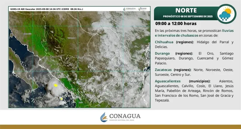 Clima en Aguascalientes hoy lunes 8 de septiembre Se mantienen las condiciones para las lluvias en Aguascalientes y el resto de la Mesa del Norte. Imagen: Conagua