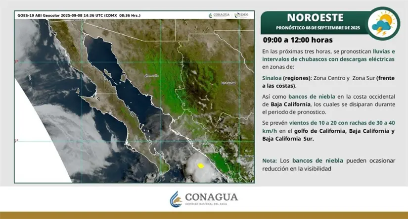 Clima en Baja California hoy lunes 8 de septiembre de 2025 Continúan las lluvias en el noroeste del país por el monzón mexicano. Imagen: Conagua