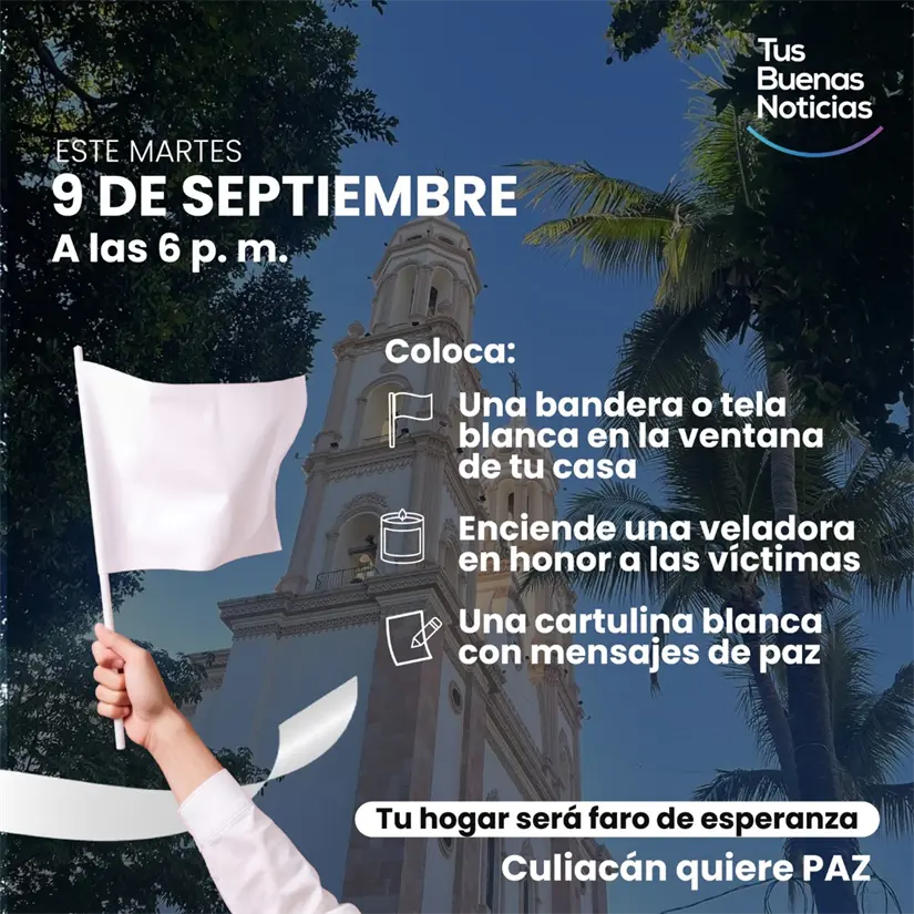 Culiacán unido por la paz: enciende tu veladora y alza tu bandera blanca este 9 de septiembre Este 9 de septiembre, convierte tu hogar en un faro de paz para Sinaloa. Imagen: TBN
