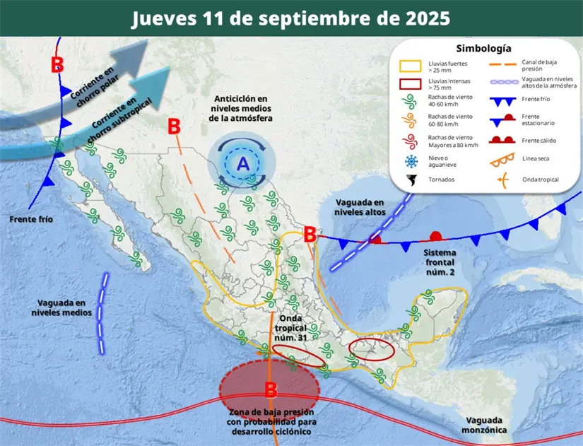 ¿En qué estados lloverá esta semana? Clima en México del 8 al 12 de septiembre También se esperan rachas de viento en varias regiones del país en los próximos días. Imagen: Conagua