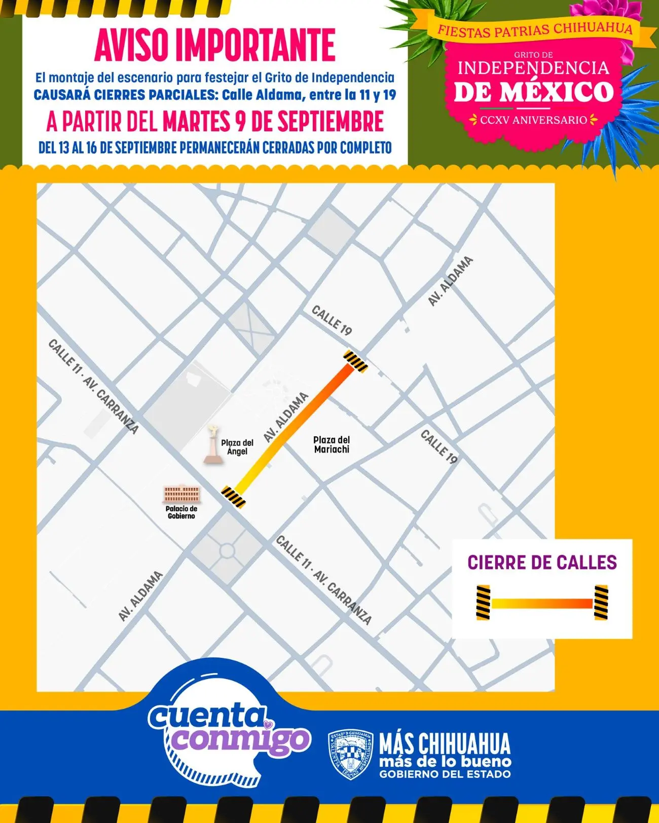 Calles cerradas por el Grito de Independencia en Chihuahua Calles cerradas por el Grito de Independencia en Chihuahua. Foto: Cortesía