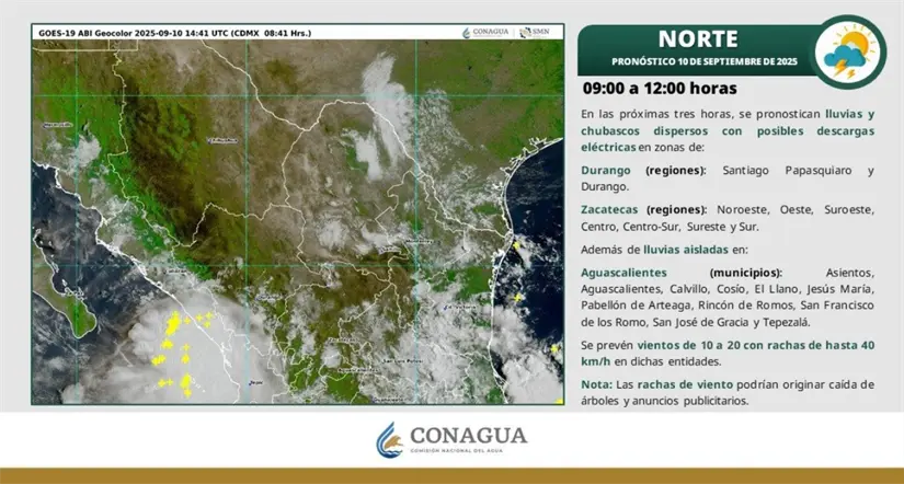 La Mesa del Norte, incluido Aguascalientes, mantiene un pronóstico de lluvias. Imagen: Conagua