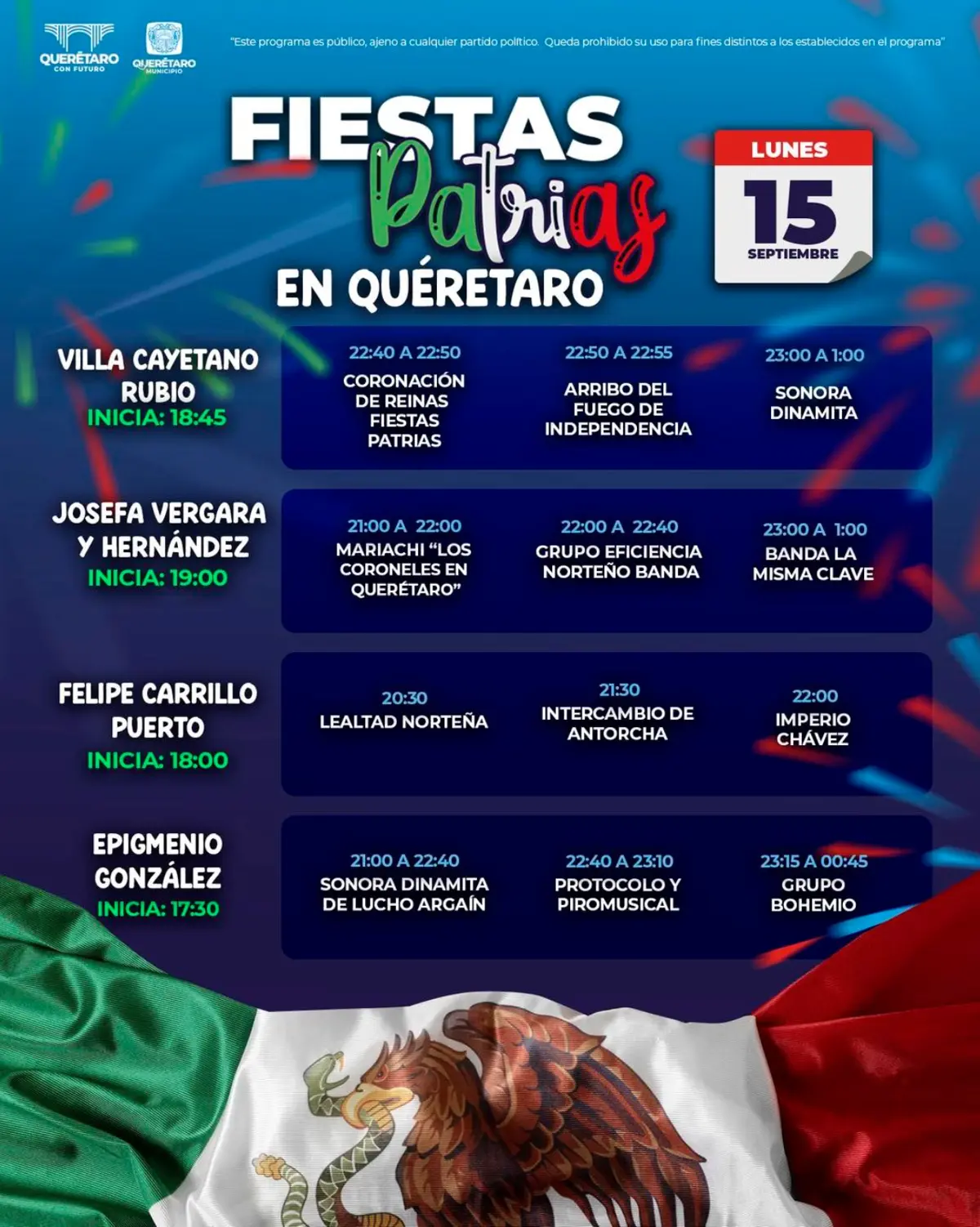Horarios de actividades para la noche del 15 de septiembre de 2025 en Querétaro. Foto: cortesía.