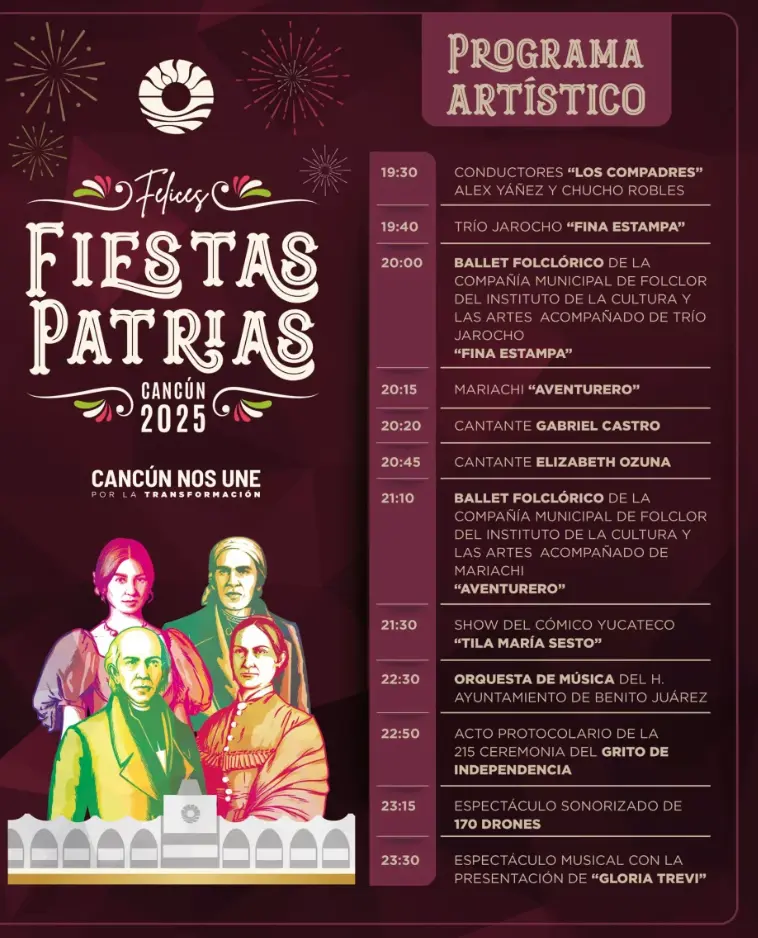 Programa artístico para el Grito de Independencia 2025 en Cancún. Foto: cortesía.