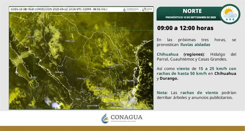 Clima en Aguascalientes este viernes 12 de septiembre 2025 Persisten las condiciones para lluvias en Aguascalientes y otros estados de la Mesa del Norte. Imagen: Conagua