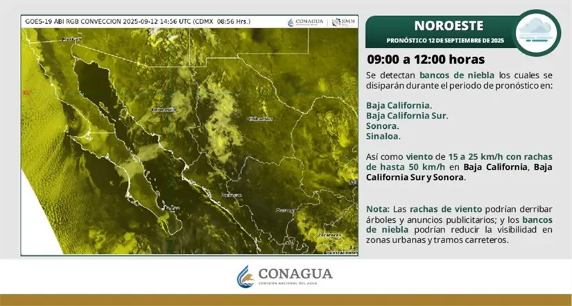 Bancos de niebla en Baja California este viernes. Imagen. Conagua