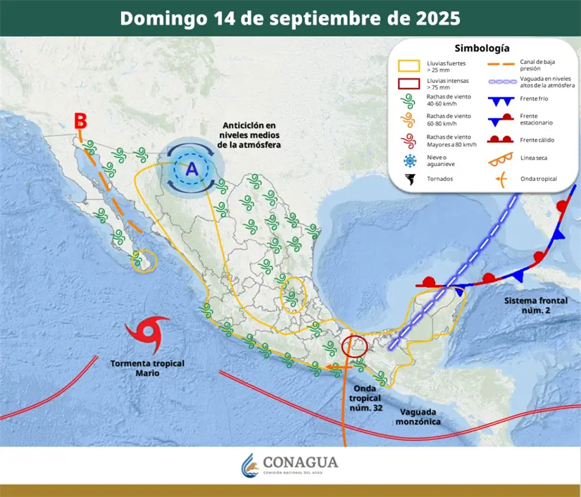 Rachas de viento en varias regiones de México este domingo. Imagen: Conagua
