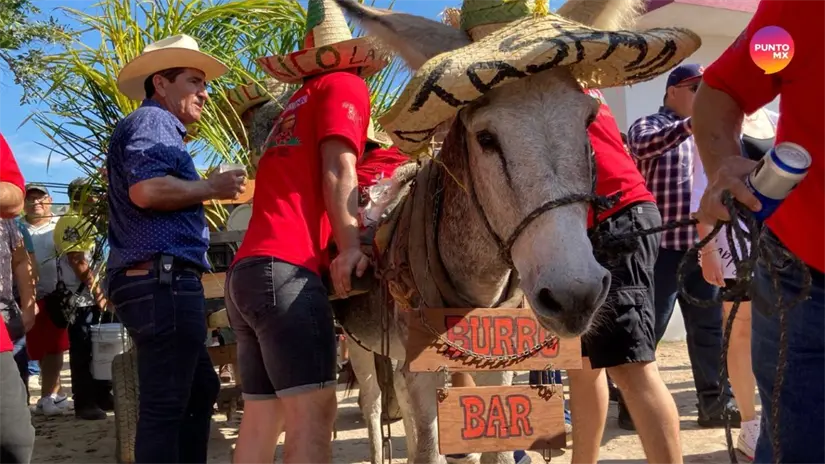 El famoso “burrobar” reparte tequila y vino entre los participantes, símbolo de la convivencia comunitaria. Crédito Punto Mx
