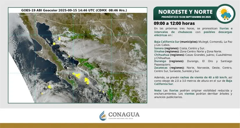 Clima en Baja California hoy lunes 15 de septiembre Condiciones para lluvias en Baja California y el noroeste del país. Imagen: Conagua