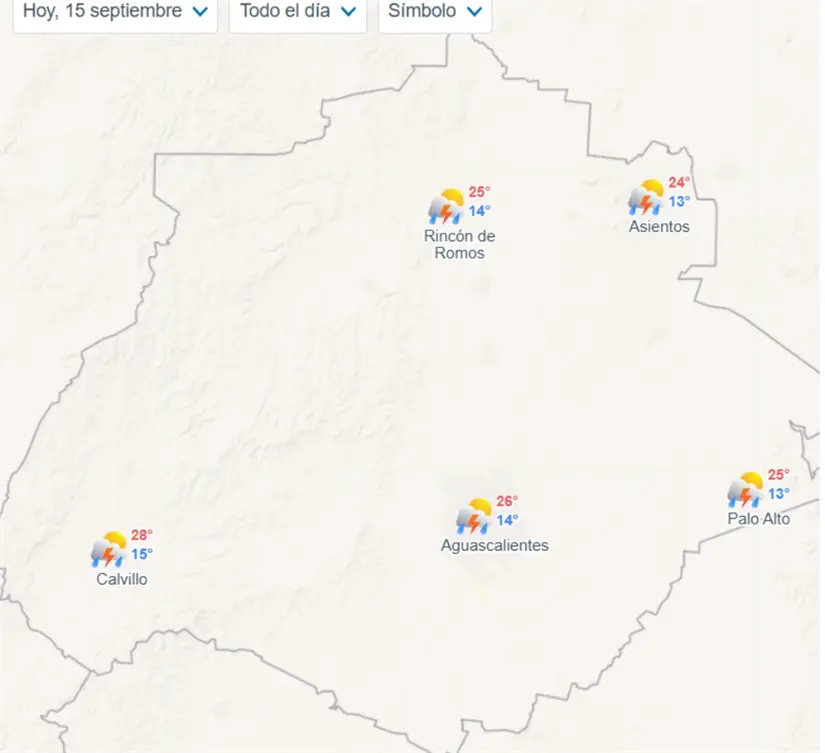 Clima en Aguascalientes hoy lunes 15 de septiembre Temperaturas mínimas y máximas en las regiones de Aguascalientes. Imagen: Meteored