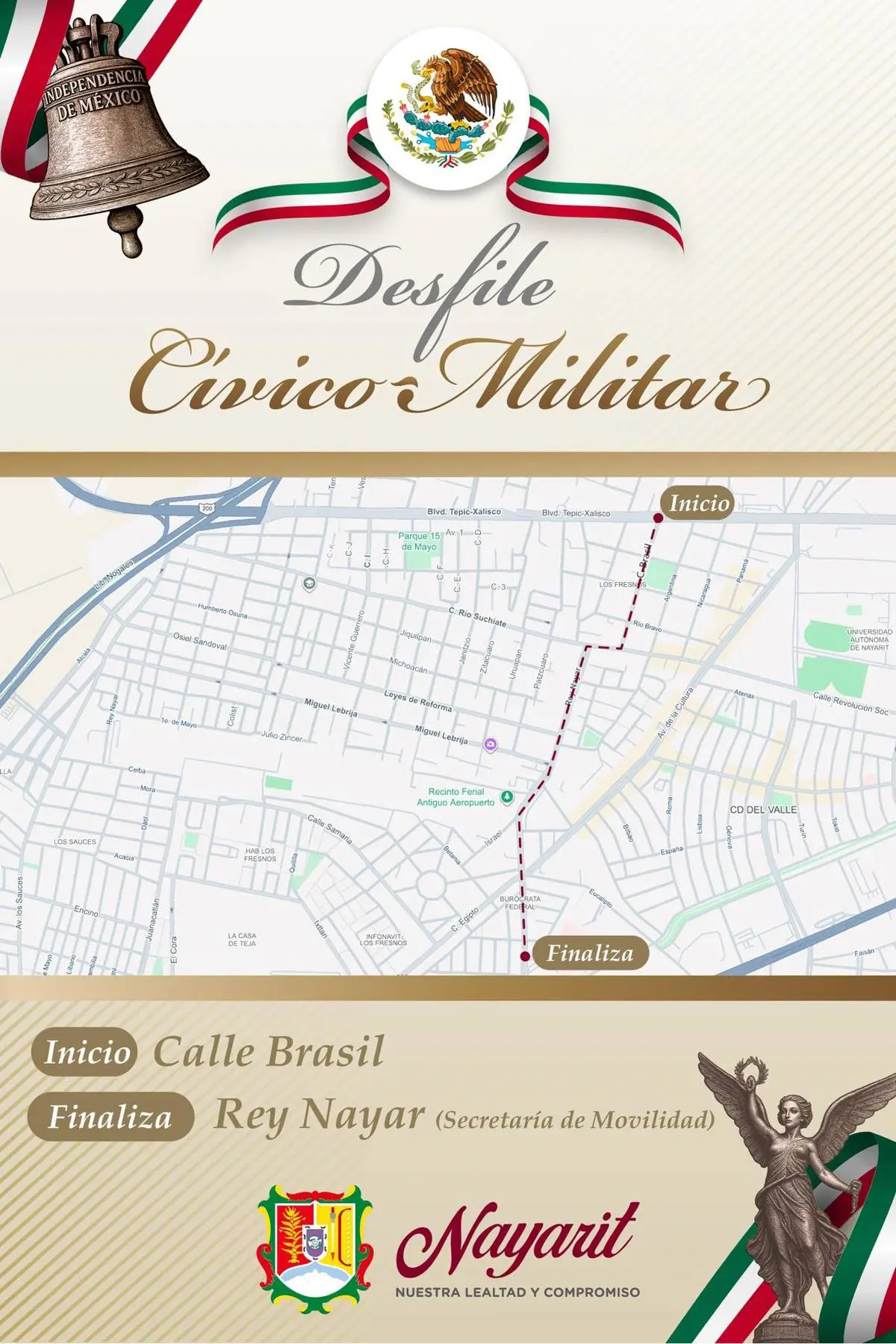 Esta será la ruta del desfile en Nayarit. Foto: Cortesía. 