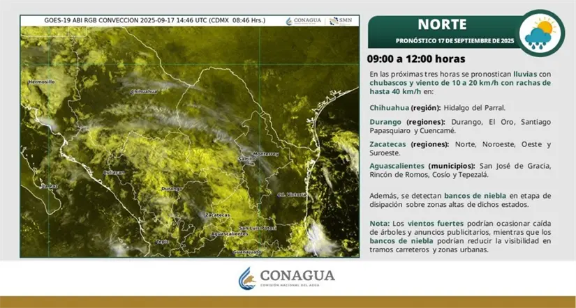 Condiciones para lluvias aisladas en Aguascalientes hoy. Imagen: Conagua