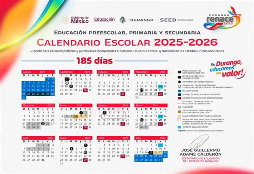 Calendario escolar del ciclo 2025-2026 en Durango. Foto: cortesía.