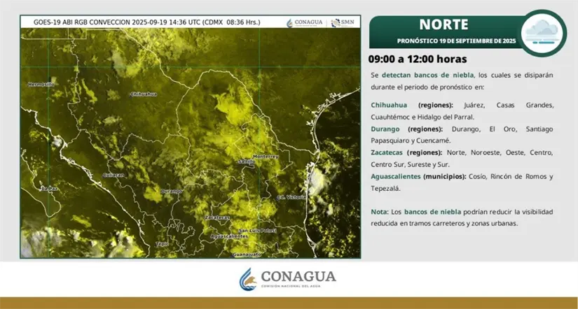 En Aguascalientes y la zona norte del país se presentan bancos de niebla esta mañana. Imagen: Conagua