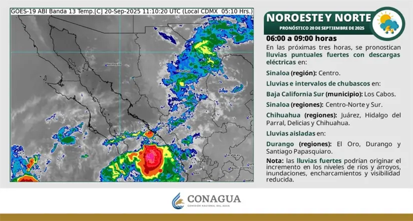Clima en Baja California hoy sábado 20 de septiembre Condiciones para lluvias en Baja California y el noroeste del país. Imagen: Conagua