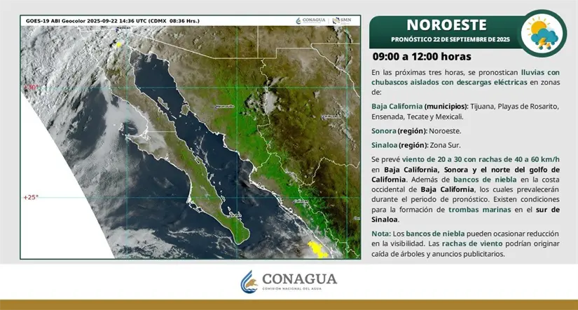Clima en Baja California hoy lunes 22 de septiembre Chubascos en el noroeste del país esta mañana. Imagen: Conagua