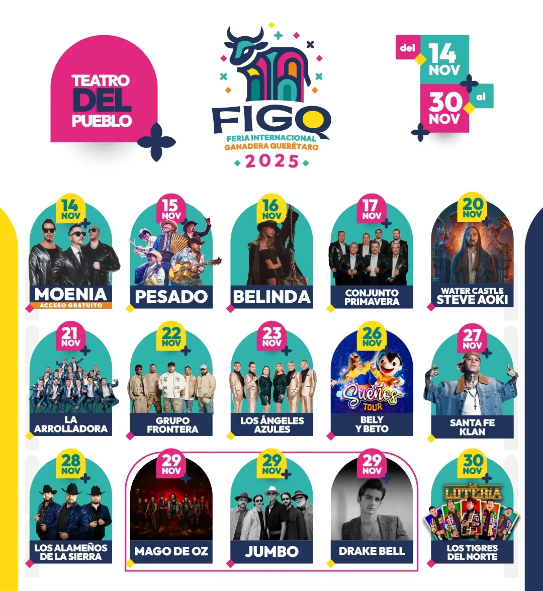 Cartelera de artistas confirmados para la Feria Querétaro 2025. Foto: Cortesía.  