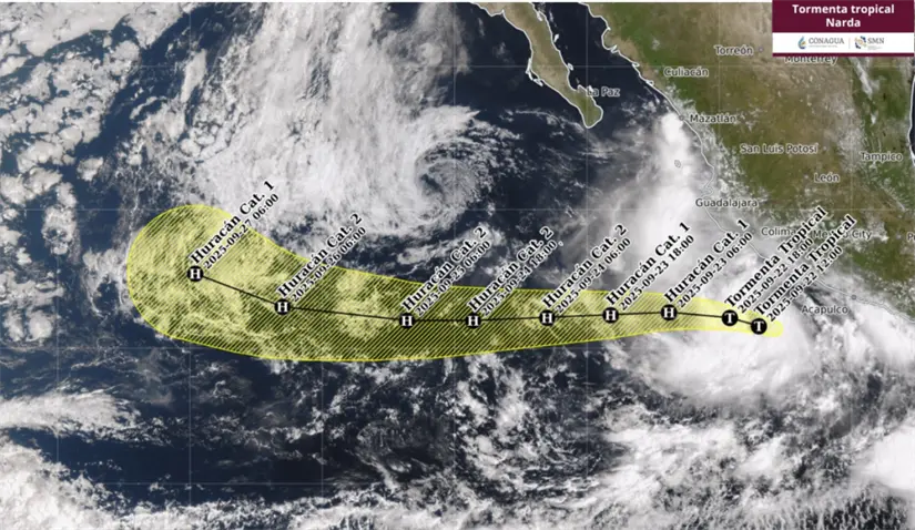 Se espera que Narda se intensifique a huracán categoría 1 mañana martes. Imagen: Conagua