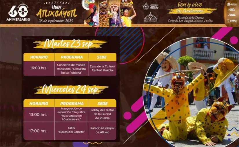 Calendario de actividades que se vivirán en el Festival Huey Atlixcáyotl 2025. Foto: Cortesía.