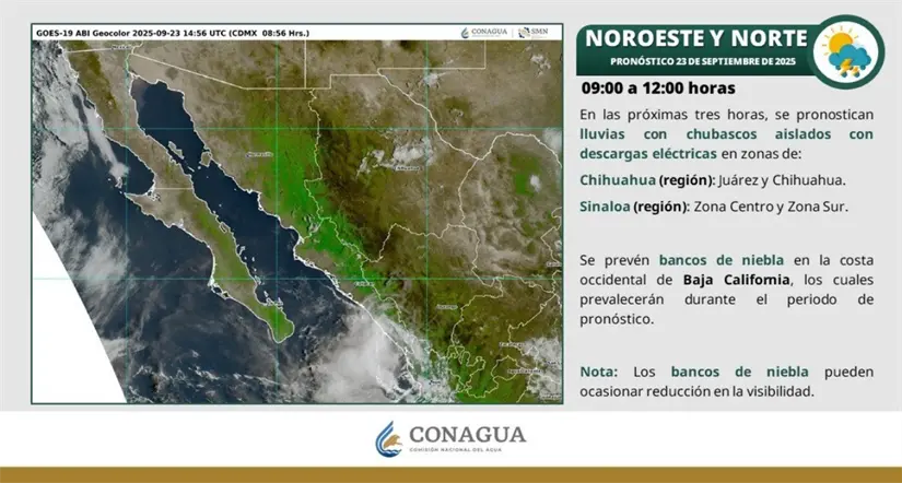 Lluvias con chubascos y descargas eléctricas esta mañana en el noroeste del país. Imagen: Conagua