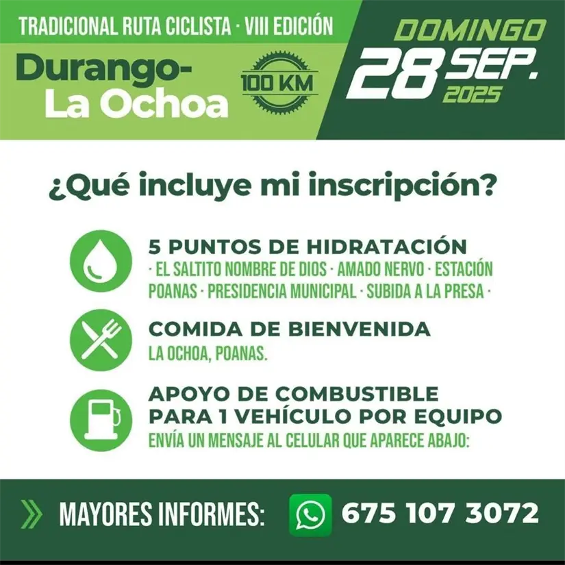Inscribete a la Ruta ciclista Durango-La Ochoa. Foto: Cortesía.