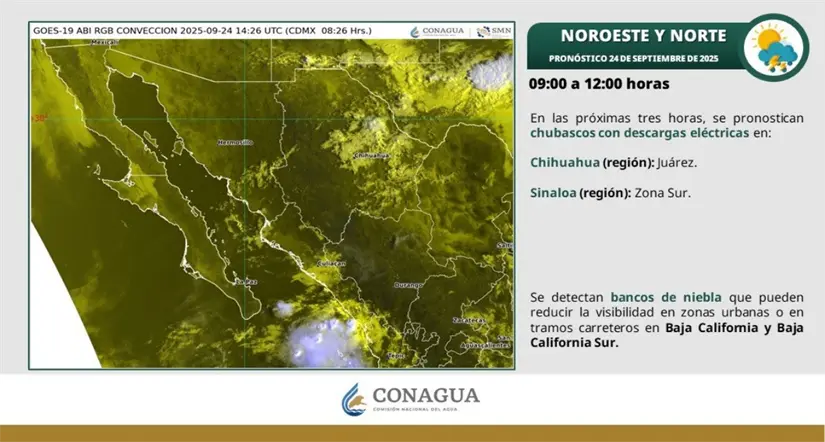 Bancos de niebla en Baja California y la región esta mañana. Imagen: Conagua