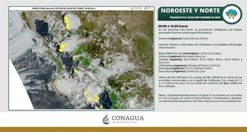 Lluvias aisladas en Baja California hoy. Imagen: Conagua