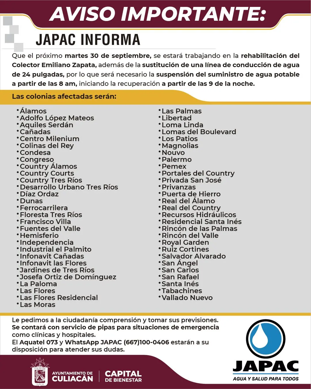 Listado completo de colonias que se quedarán sin agua en Culiacán este 30 de septiembre.