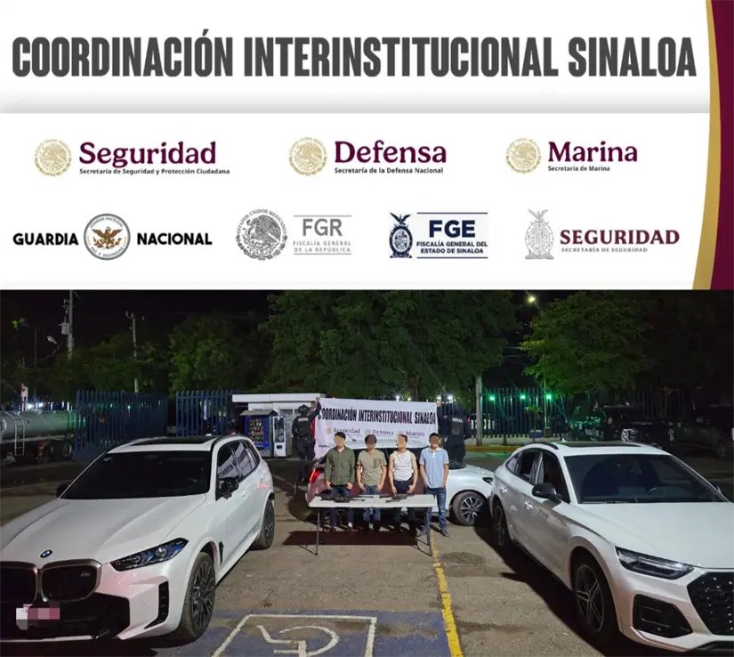 Personas detenidas, armas y autos decomisados en Culiacán.