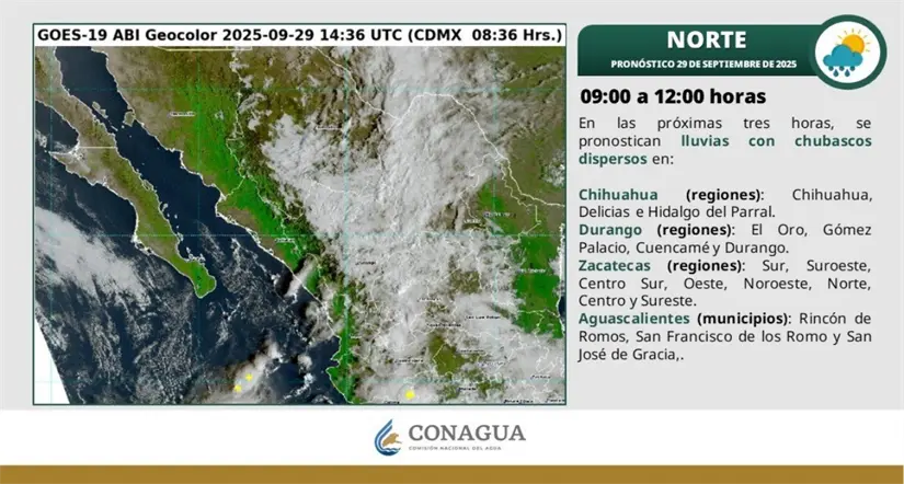 La región norte del país mantiene condiciones para lluvias este lunes. Imagen: Conagua