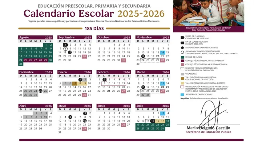 Calendario de la SEP del ciclo escolar 2025-2026. Foto: cortesía.