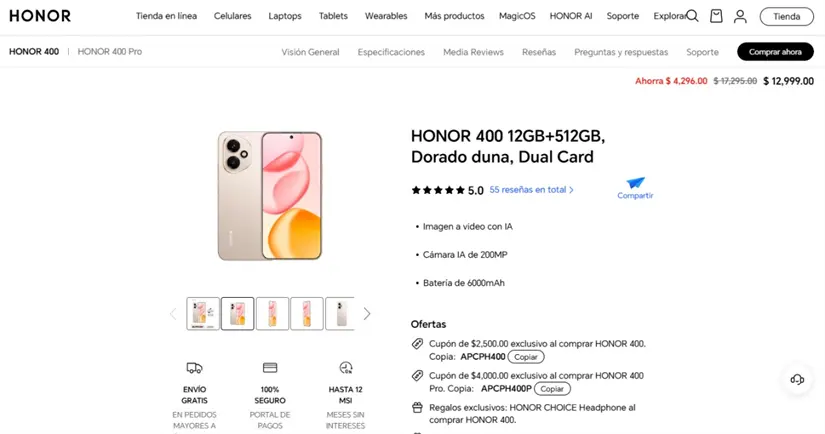 Este smartphone se encuentra a precio rebajado en la tienda en línea de Honor México. Imagen: honor.com